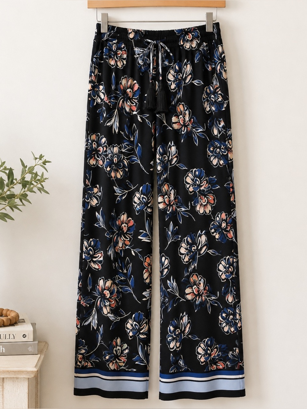 Floral Border Print Tassel Tie Palazzo Pants L XL